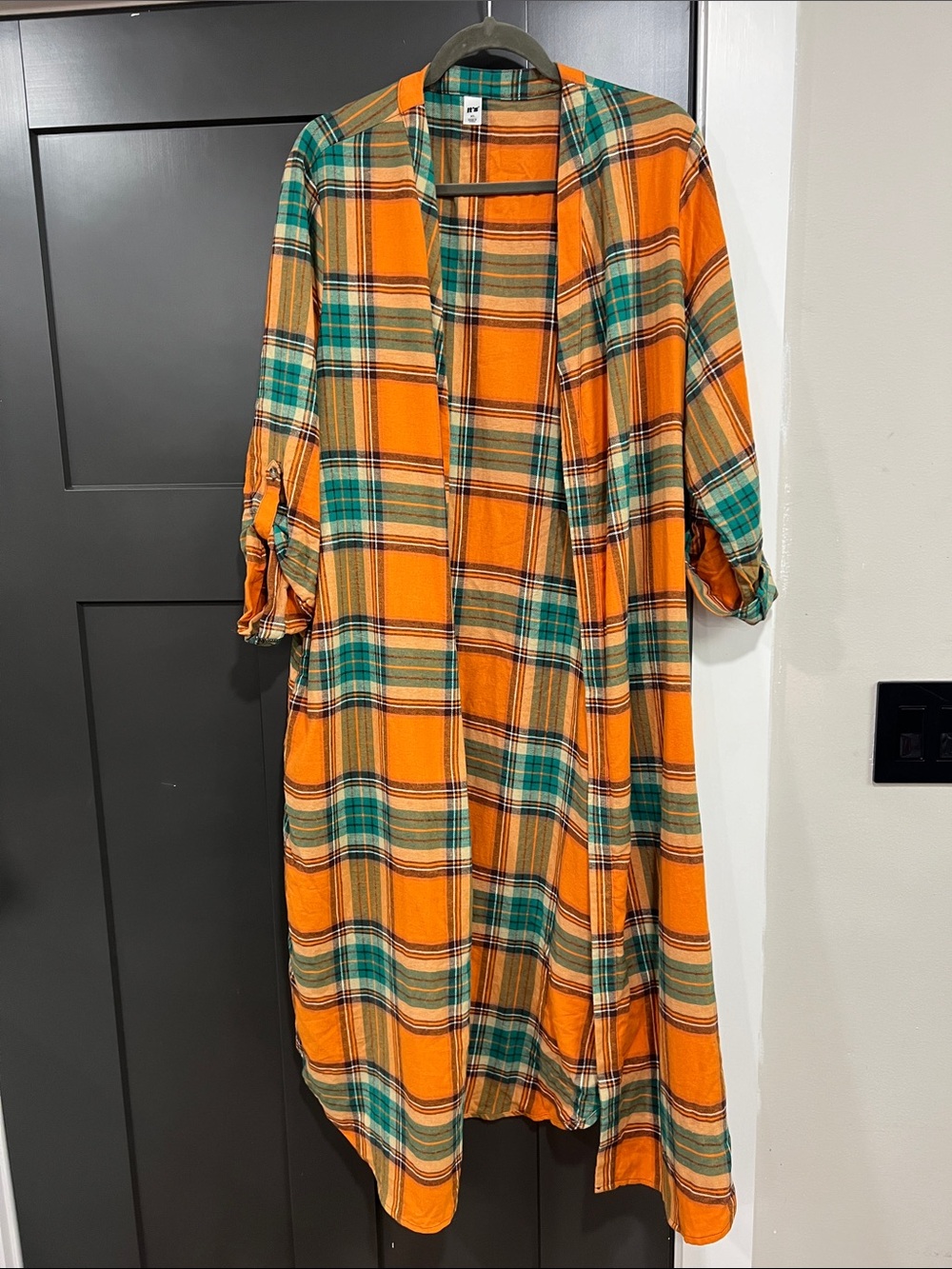 Plaid Open-Front Duster - Orange & Green